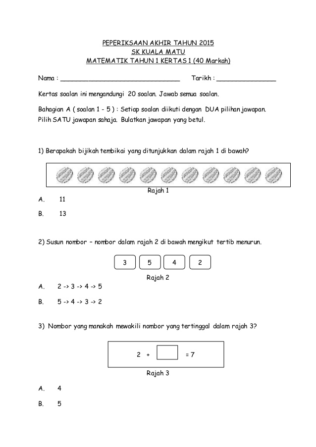 contoh kertas soalan matematik tahun 1